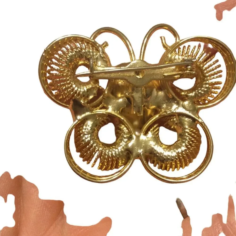 Vtg Butterfly‎ brooch wire pin gold gem rhinestone MCM fashion jewelry granola